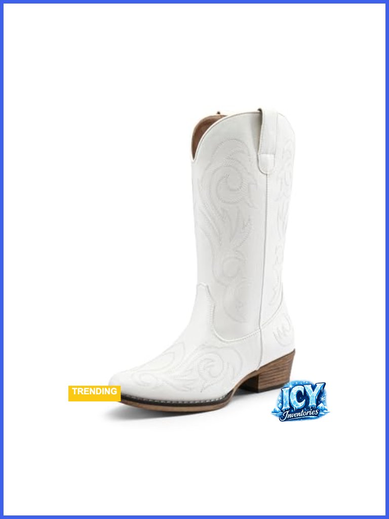 Western Mid Calf Cowboy Boots Square Toe Chunky Heel Embroidery Stitched